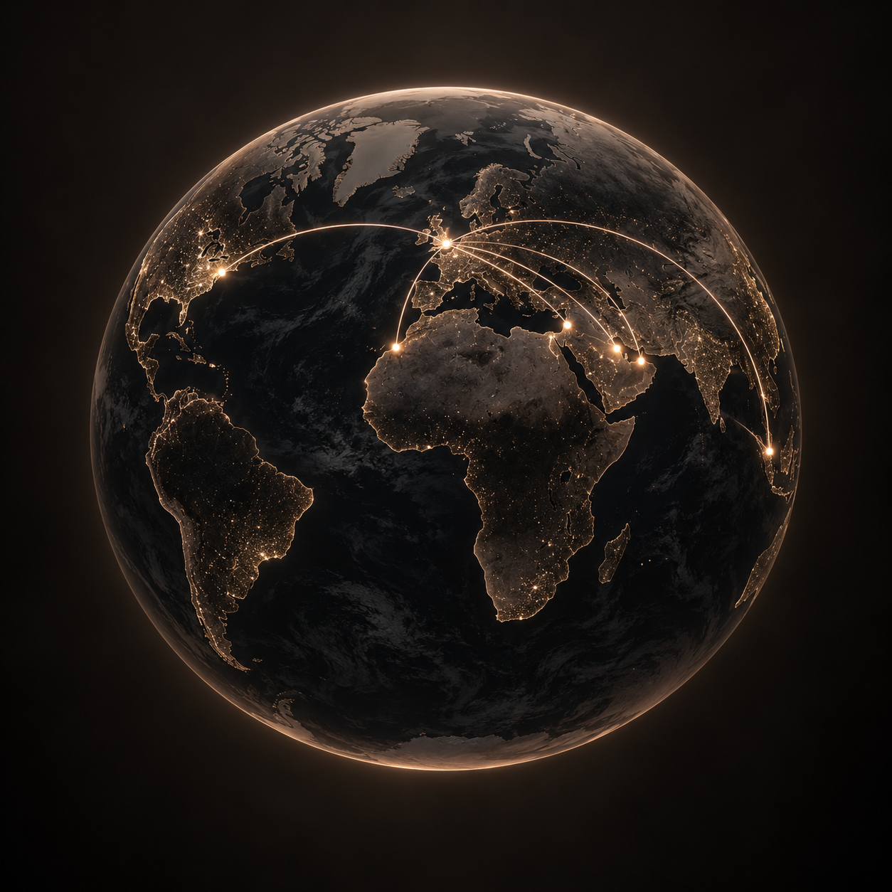 Dark bronze globe with connection routes from London across Europe, North America, the Middle East, Africa and Asia